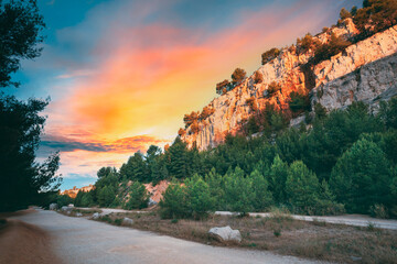 Cassis, Calanques, France. French Riviera. Beautiful Nature Of Cote De Azur On The Azure Coast Of France. Calanques - A Deep Bay Surrounded By High Cliffs. Altered Sunset Sky. Road To Bay