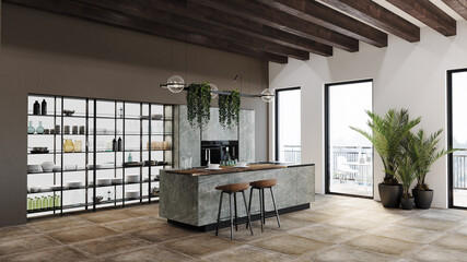Modern kitchen with kitchen cabinet, shelf and ceiling design 3d render