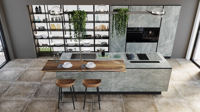 Modern kitchen design with kitchen cabinet, shelf and chairs  3d render