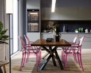 Modern kitchen with table and purple chairs 3d render