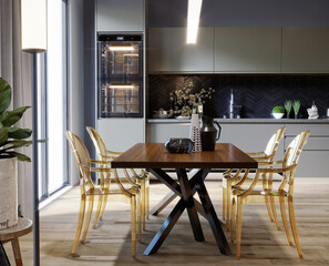 Modern kitchen with table and yellow chairs 3d render