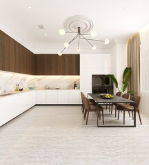 Modern kitchen with table and chairs 3d render