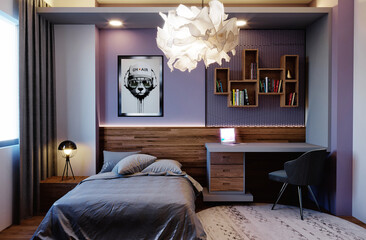 Fototapeta premium Interior of a bedroom with bed, table, chair, lamp and bookshelf 3d render