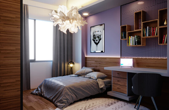 Interior of a bedroom with bed, table, chair and bookshelf 3d render