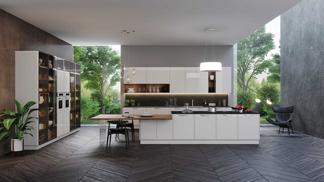 Modern kitchen design with white kitchen cabinet, 3d render