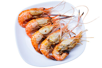 Barbecued shrimp or grill prawn on white plate isolated on white background with clipping path