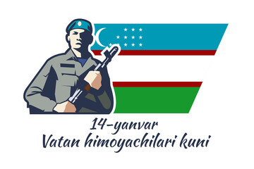 Translation: January 14 is Day of Defenders of the Motherland. Happy Uzbek Army Day vector illustration. Suitable for greeting card, poster and banner.