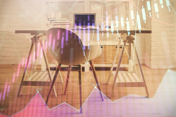 Multi exposure of financial graph drawing and office interior background. Concept of market analysis.