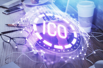 Double exposure of blockchain theme drawing and cell phone background. Concept of cryptomarket