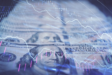 Double exposure of forex graph drawing over us dollars bill background. Concept of financial markets.