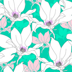 Seamless pattern with magnolia. Hand drawn floral background. Artwork for textiles, fabrics, souvenirs, packaging and greeting cards.