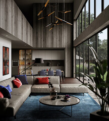 Living room with furniture in the modern farmhouse design, 3d render