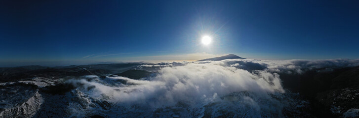 180 degree virtual reality panorama of Nebrodi lakes valley in winter time with view of Etna volcano, Sicily, Italy.