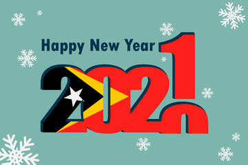 Fototapeta na wymiar New Year's card 2021. In the photo: an element of the flag of East Timor, a festive inscription and snowflakes. It can be used as a promotional poster, postcard, flyer, invitation or website.