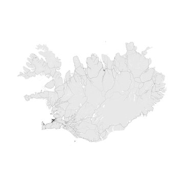 Iceland map. Road map of Iceland. It includes properly grouped all roads of the country (from highways to country roads and railways). Light grayscale decorative graphics.