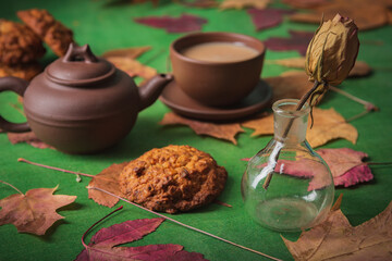 Still life- autumn motif. Breakfast- cup of coffee is on the table