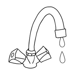 Hand-drawn black vector illustration of metallic mixer tap with water drops isolated on a white background