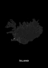 Iceland map poster (portrait). Road map of Iceland. It includes properly grouped all roads of the country (from highways to country roads and railways). Dark grayscale printable graphics.