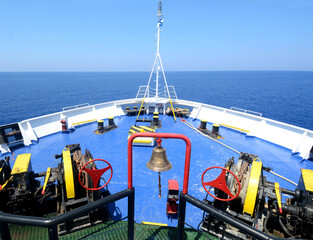 the bow of a ferry that plows the Mediterranean with the equipment needed to snow and moor