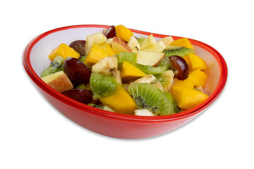 red bowl with fruit salad on white background