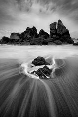 Sunset at a Rocky Beach, Northern California Coast, Black and White - 402434951