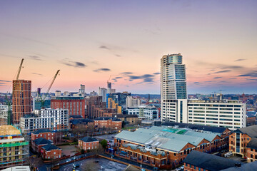 Bridgewater Place and Leeds City Centre aerial view at sunset. Yorkshire Northern England United Kingdom.  - obrazy, fototapety, plakaty
