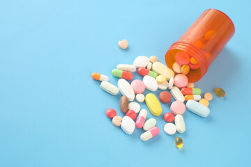 Close up of many colorful pills and capsules 