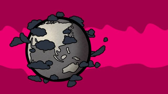 Earth doodle with clouds cartoon. Grey grunge doodle globe. Fully hand drawn, dynamic, cartoon animation on animated red background with titles space. Seamless loop, alpha channel.