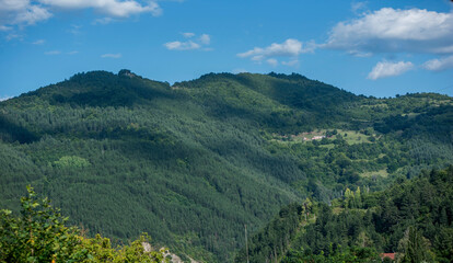 Fototapeta na wymiar Mountain panorama of green folds and rolling hills
