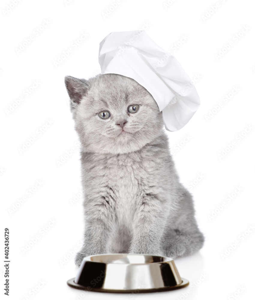 Poster kitten wearing chef's hat sits with empty bowl. isolated on white background
