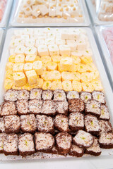 Traditional Turkish delight. Various pieces of arabic sweets or desserts for ramadan holiday