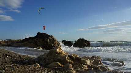 Kitesurfing in the windy sea near Athens Greece