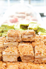 Traditional Turkish delight. Various pieces of arabic sweets or desserts for ramadan holiday