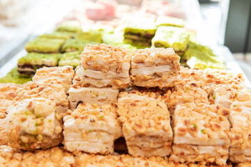 Traditional Turkish delight. Various pieces of arabic sweets or desserts for ramadan holiday
