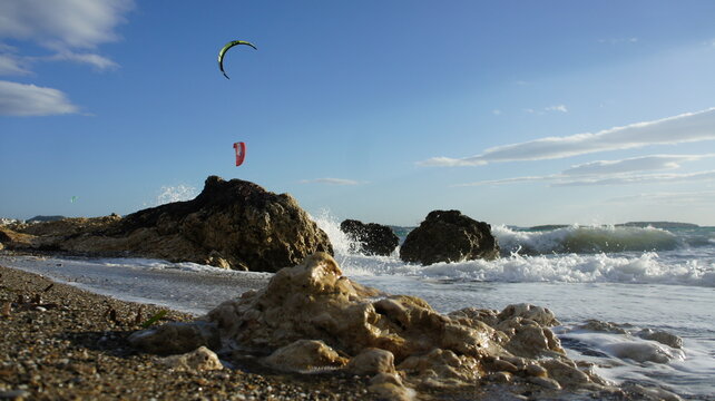 Kitesurfing in the windy sea near Athens Greece
