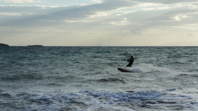 Kitesurfing in the windy sea near Athens Greece