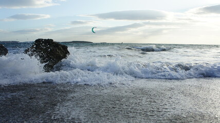 Kitesurfing in the windy sea near Athens Greece
