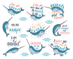 Set of hand drawn cute funny narwhals with inspirational quotes. Doodle whales. © Maroshka