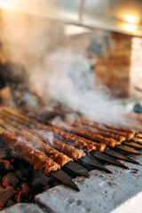 Traditional Turkish grilled shish kebab or kebap. Delicious Adana kebab in Turkish Restaurant