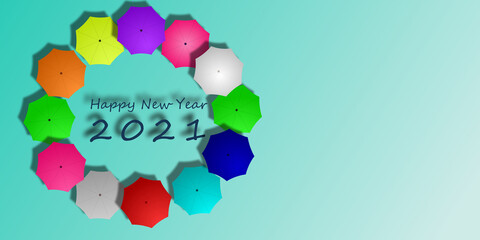 Top view blue background with umbrellas and "happy new year 2021" text