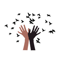 Black and white hands releasing birds. Vector illustration