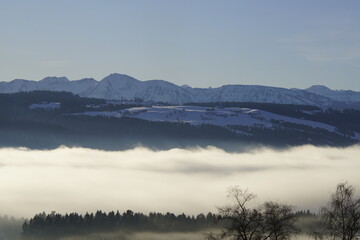 Obraz na płótnie Canvas Tief hängende Wolken Nebel in einem Tal im Allgäuer Alpenvorland