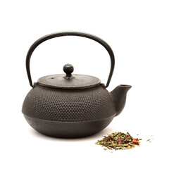 Green tea mixed with sakura petals isolated on white background