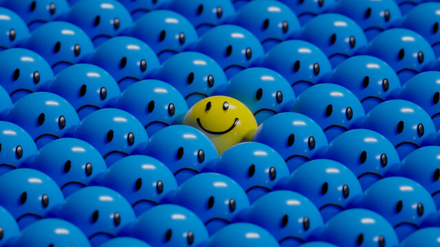 3D rendering of wallpaper. Views of pile of smiling yellow, gray and blue plastic balls