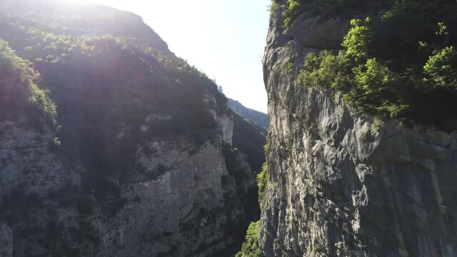 Vercors's gorges,  France, sunny day, drone passing through the gorge 