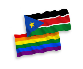 Flags of Rainbow gay pride and Republic of South Sudan on a white background