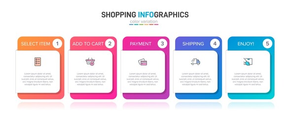 Concept of shopping process with 5 successive steps. Five colorful graphic elements. Timeline design for brochure, presentation, web site. Infographic design layout.