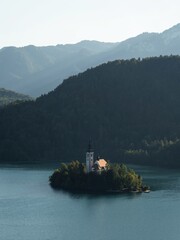 Panoramic view of Lake Bled Island Blejsko jezero from Osojnica viewpoint hill Julian alps...