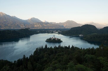 Panoramic view of Lake Bled Island Blejsko jezero from Osojnica viewpoint hill Julian alps...