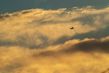 Fototapeta na wymiar 金色に輝く夕焼け雲を背景に飛ぶ航空機